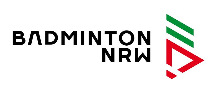Logo von Badminton NRW mit dem Schriftzug "BADMINTON" in Schwarz und einem grafischen Element in Rot und Grün.