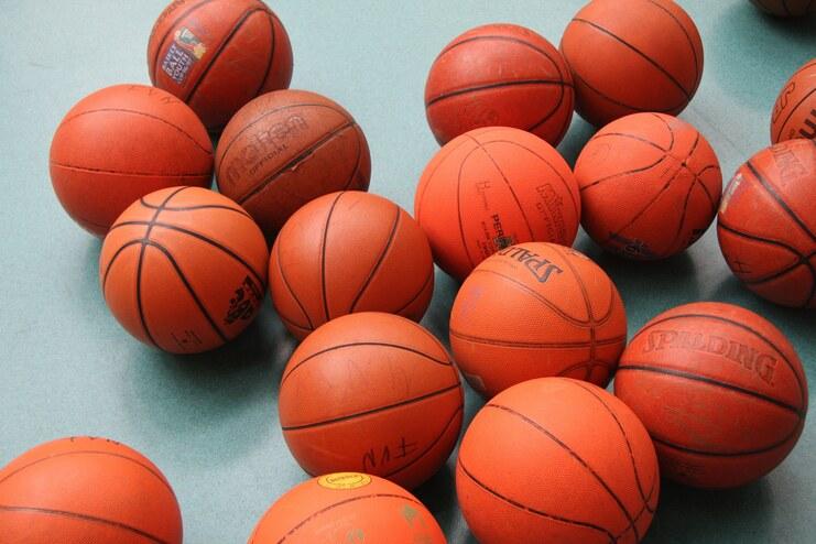 Eine Ansammlung von Basketballen in verschiedenen Größen und Geschäften auf einem grünen Untergrund.