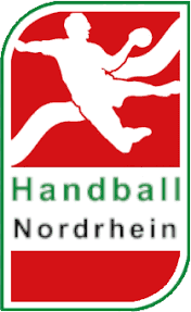 Logo von Handball Nordrhein mit einem stilisierten Spieler in Aktion auf rotem Hintergrund und grünem Schriftzug.