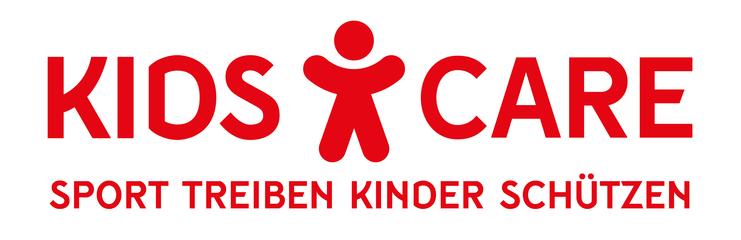 Rotes Logo mit einem stilisierten Kind und dem Slogan „Kids Care – Sport treiben, Kinder schützen“.