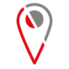 Grafisches Symbol einer Standortmarkierung in Rot und Grau.