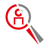 Icon mit Lupe, die auf ein stilisiertes Nutzerprofil fokussiert ist, in rot und grau auf weißem Hintergrund.