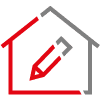 Symbol eines Hauses mit einem Bleistift, dargestellt in Rot und Grau auf weißem Hintergrund.
